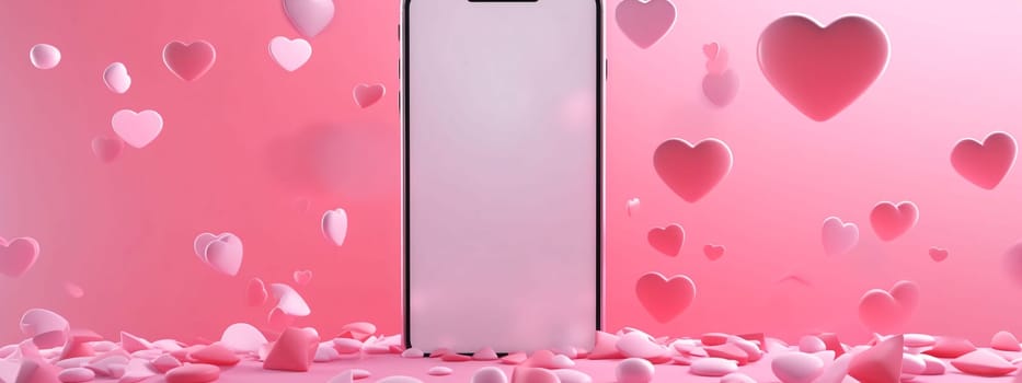 Smartphone screen: Smartphone with pink hearts on a pink background. 3d rendering