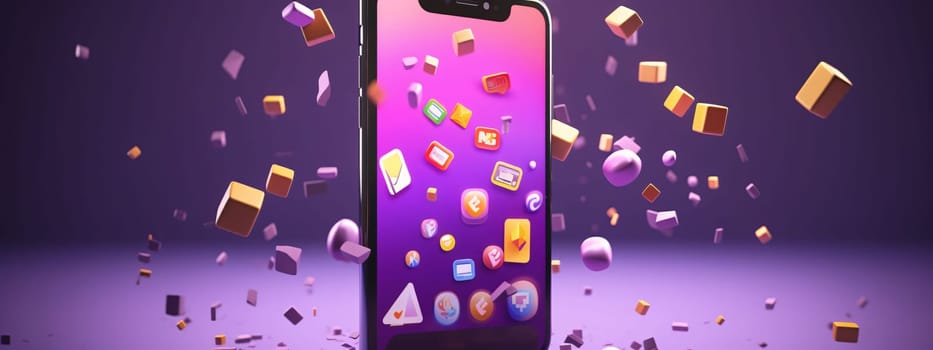 Smartphone screen: 3d rendering of colorful cubes flying out of a smartphone on purple background