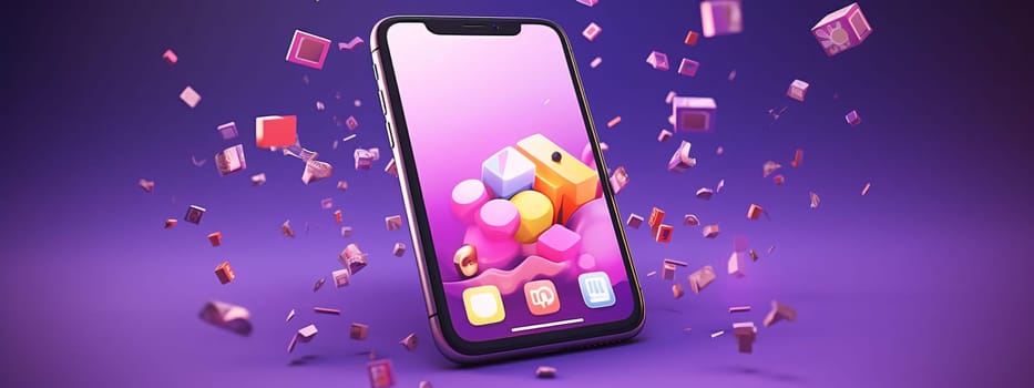Smartphone screen: 3d rendering of mobile phone with colorful cubes isolated on purple background