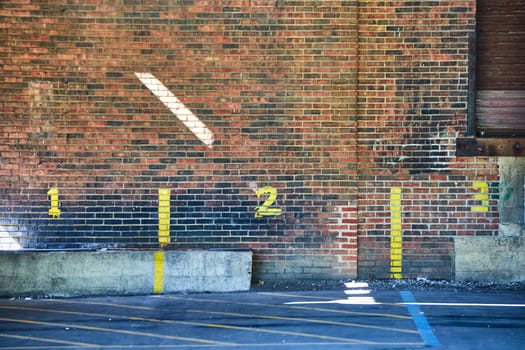 Urban precision: Painted numbers 1 and 2 designate parking in a sunlit, aged brick lot in downtown Fort Wayne.