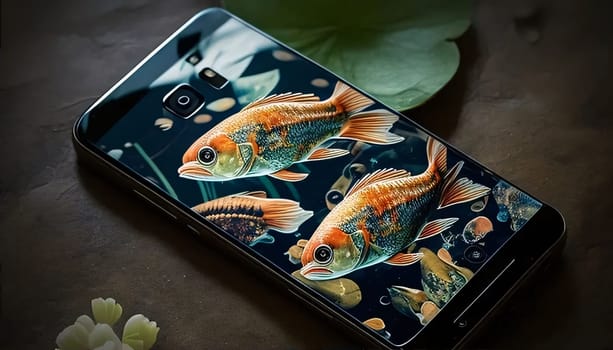 Smartphone screen: Smartphone with fish on the screen. The concept of online shopping.