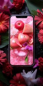 Smartphone screen: apples and ice cubes on a black background with flowers, top view