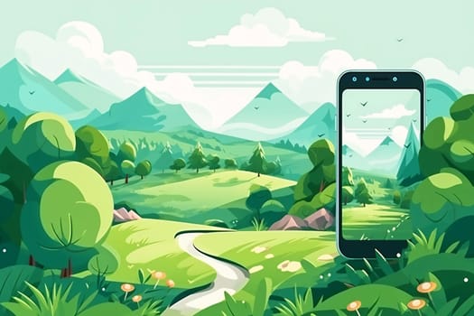 Smartphone screen: Vector illustration of a smartphone with a picture of a mountain landscape.