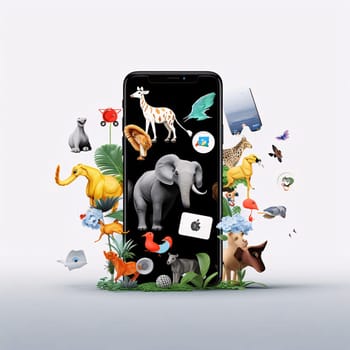 Smartphone screen: Smartphone with different wild animals on the screen. Vector illustration.