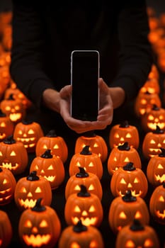 Smartphone screen: Halloween pumpkins and a smartphone in the hands of a man