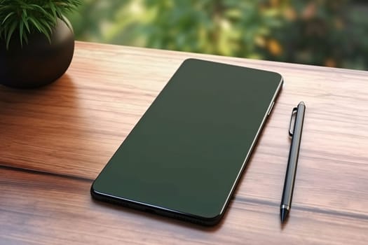 Smartphone screen: Smartphone with blank screen and pen on wooden table, closeup