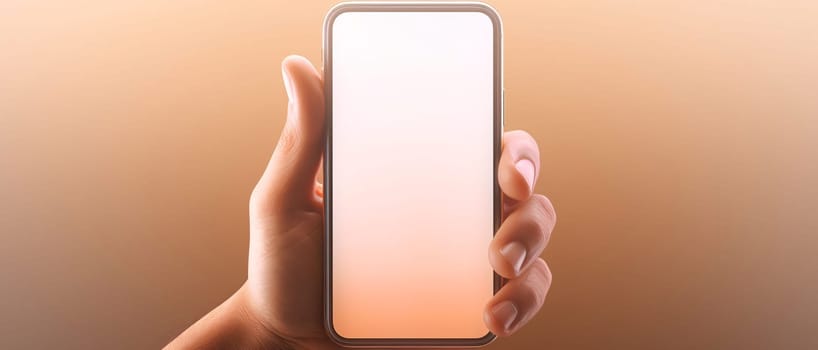 Smartphone screen: Female hand holding smartphone with blank screen on orange background. Mock up