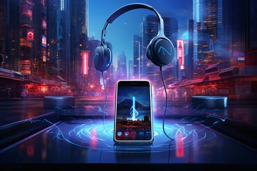 Smartphone screen: Smartphone with headphones on the background of the city. 3d rendering