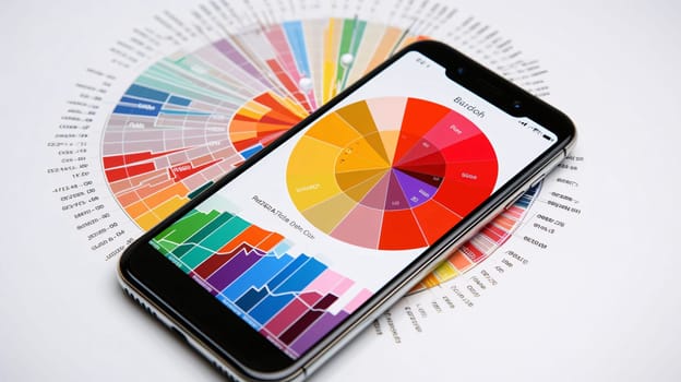 Smartphone screen: Smartphone with colorful charts on the table. Selective focus.