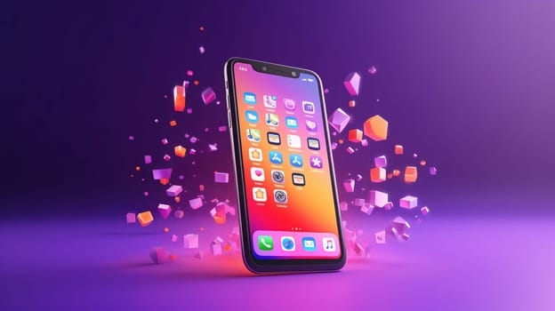 Smartphone screen: 3d render of smartphone with colorful application icons on violet background.