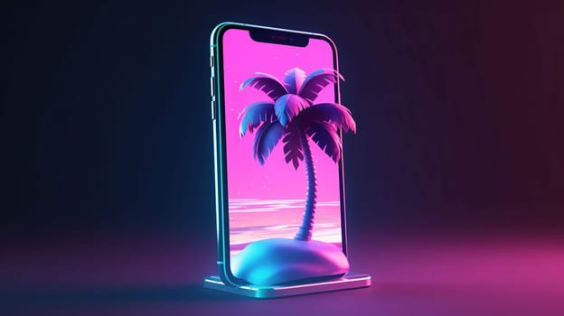 Smartphone screen: Mobile phone with palm trees on the screen. 3D Rendering