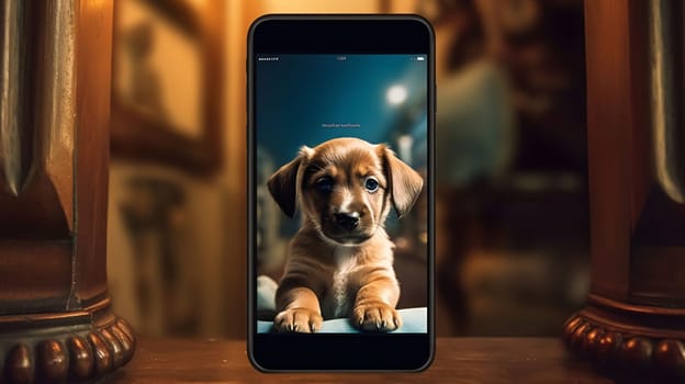 Smartphone screen: Dachshund puppy looking at the camera on the phone screen