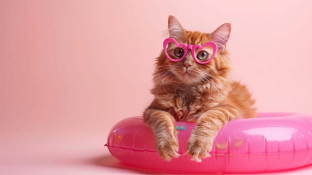 A cat wearing pink sunglasses is sitting on a pink inflatable pool.
