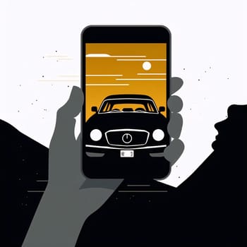 Smartphone screen: hand holding a smartphone with car on the screen. Vector illustration.