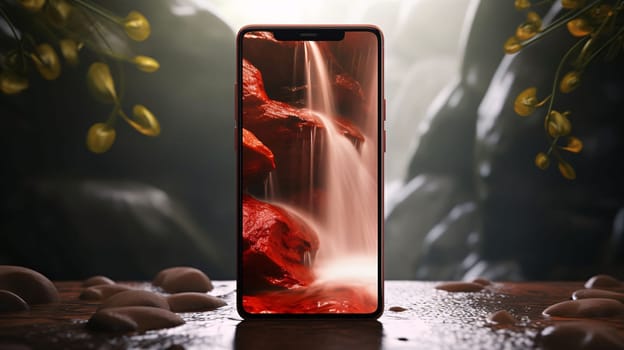 Smartphone screen: Smartphone with a waterfall on the screen. 3d rendering.