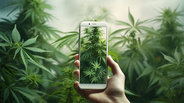 Smartphone screen: Hand holding smartphone taking photo of cannabis plant on blurred background. Cannabis legalization concept.