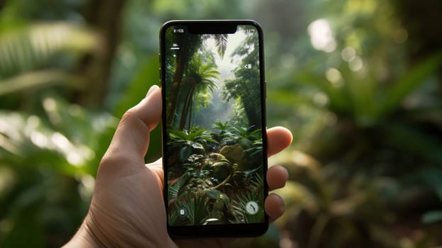 Smartphone screen: Taking a photo of tropical plants with a smart phone in the jungle