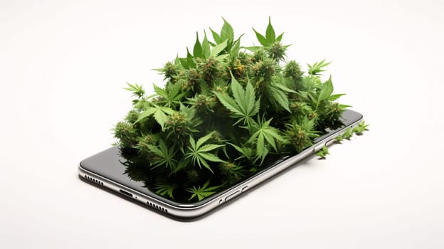 Smartphone screen: Smartphone with cannabis on the white background. Concept of legalization of marijuana.