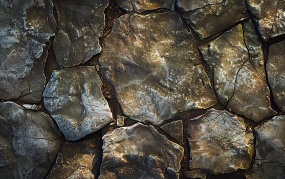 Close-up view of a stone wall with peeling paint, revealing multiple layers beneath