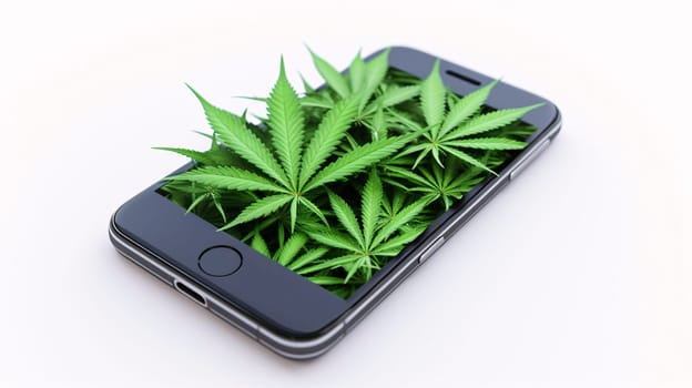 Smartphone screen: Cannabis leaf on mobile phone, isolated on white background.