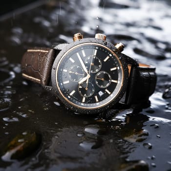Waterproof luxury mens watch on the stone under the rain, commercial concept, bespoke water resistant design, post-processed, generative ai