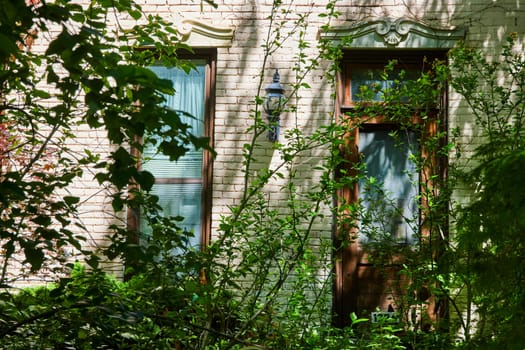 Sunlit historic home nestled in lush foliage, West Central Fort Wayne, embodying tranquility and secrecy.