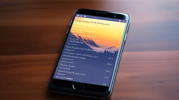 Smartphone screen: Smartphone with a weather forecast app on the screen on a wooden table