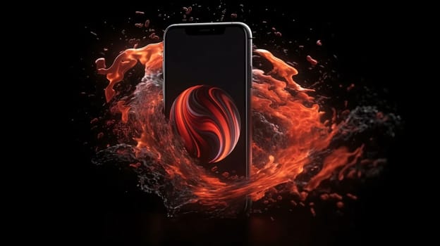 Smartphone screen: smartphone in fire with a red sphere on a black background.