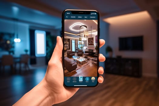 Smartphone screen: male hand holding a smartphone with hotel app on the screen. 3d rendering