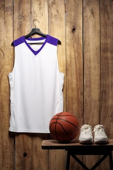 White sneakers and basketball ball against wooden background close up