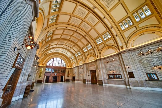 Elegant early 20th-century interior of Baker Street Station, Fort Wayne, highlighting classical architecture and timeless grandeur.