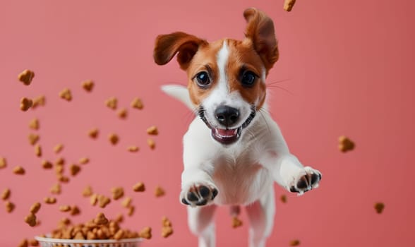 An Irishjack Terrier puppy, a dog breed known for its playful nature, is leaping in front of a bowl of dog food. With its collar and whiskers visible, this carnivorous companion dog is full of energy