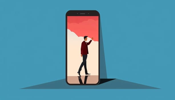 Smartphone screen: Businessman standing in front of a smartphone screen. Vector illustration.