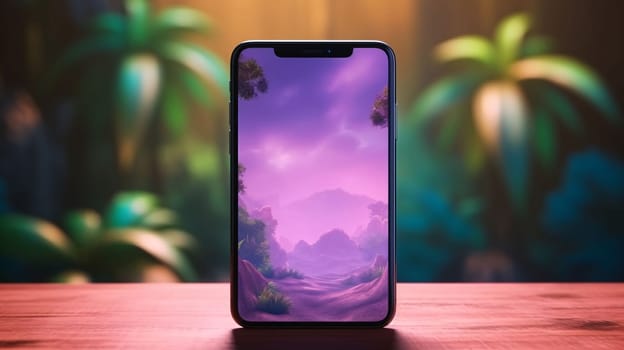 Smartphone screen: Smartphone with purple landscape on screen on wooden table in front of blurred background