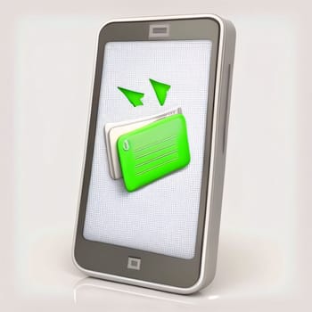 3D illustration of a smartphone displaying green chat bubbles and a speech box, symbolizing messaging and communication.