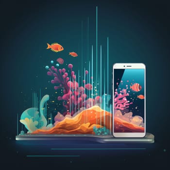 Smartphone screen: Smartphone with sea and coral reefs on the screen. Vector illustration