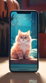 Smartphone screen: Kitten looks out of a mobile phone screen in the room.
