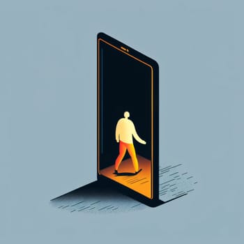 Smartphone screen: Vector isometric illustration of a man walking out of a smartphone.