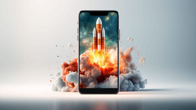 Smartphone screen: Rocket coming out of a smartphone screen. 3d rendering mock up