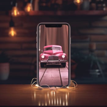 Smartphone screen: Smartphone with pink retro car on the screen. 3d rendering