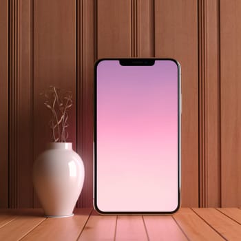 Smartphone screen: Smartphone with pink screen and vase on wooden background. 3D rendering.