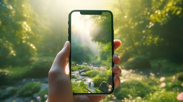 Smartphone screen: Taking photo with smart phone on nature background. Nature photography concept.