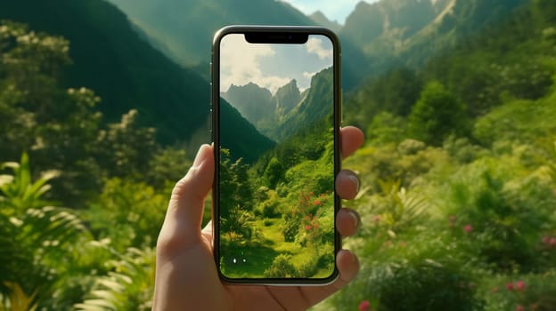 Smartphone screen: Taking photo on smart phone with nature background. Travel and adventure concept.