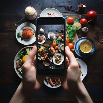 Smartphone screen: Hands taking photo of healthy food with smartphone. Healthy food concept