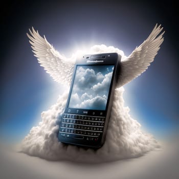 Smartphone screen: Mobile phone with wings in the sky. 3d render illustration.