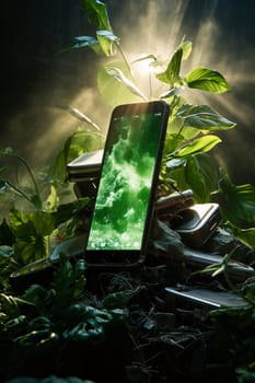 Smartphone screen: Smartphone with green screen mockup. Smartphone with green screen mockup on dark background with green plants.