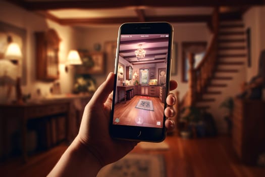 Smartphone screen: Smart phone in hand against room with wooden staircase leading to the living room