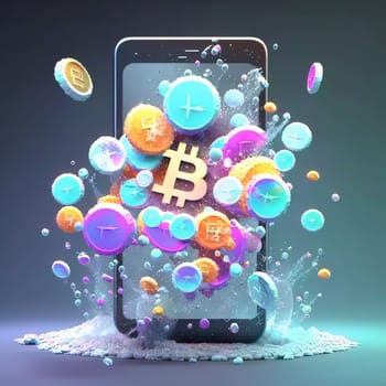 Smartphone screen: Futuristic mobile phone with bitcoin and bubbles, 3d rendering