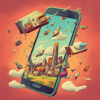Smartphone screen: Smartphone with flying books and fairy tales on the screen. Vector illustration.