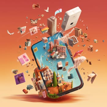 Smartphone screen: Smartphone with flying books on orange background. 3D illustration.